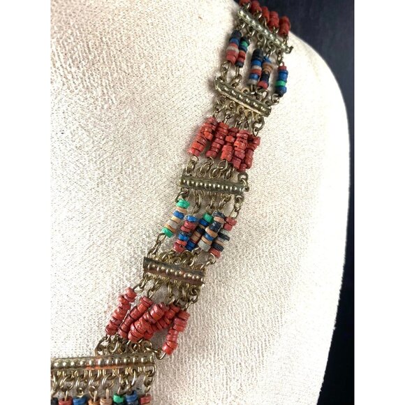 Vintage Ethnic Tribal Necklace With Multicolor Beads & Metal Links Orange Gold A - Picture 4 of 7